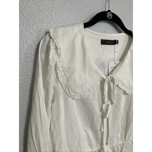 Zesica Women's White Tie Front Hidden Button Wide Collar Long Sleeve Top - SZ S - Picture 2 of 12